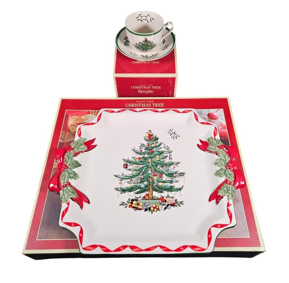 Spode Christmas Tree Ribbons Square Platter Tea Cup Saucer Set New in Box